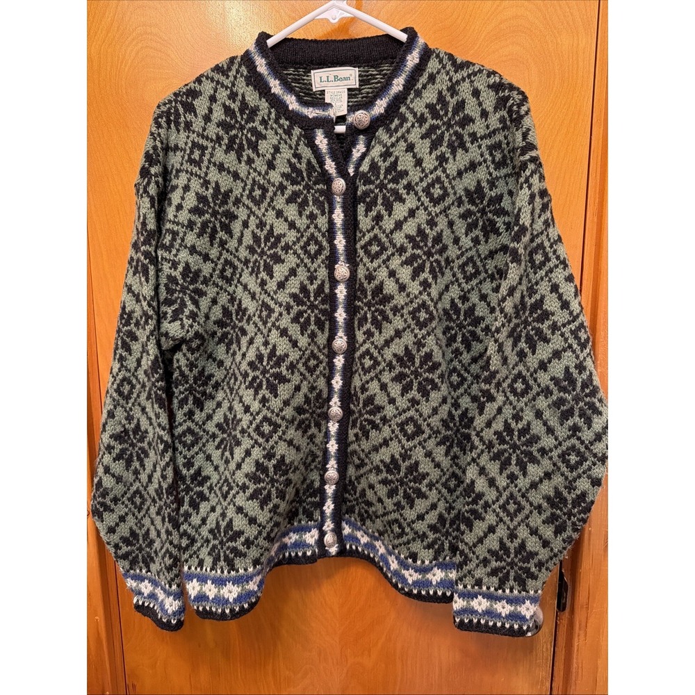 Vtg LL Bean Nordic Fair Isle Cardigan Sweater Wool Red Hearts Snowflake Small